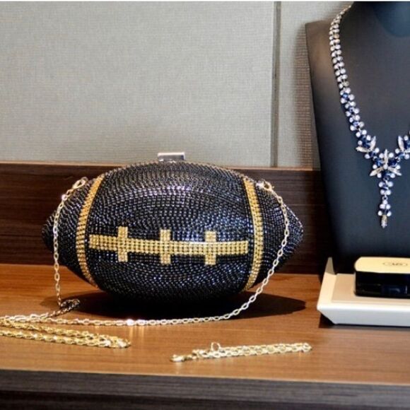 Black Football Shaped Purse Rhinestone Crystal Evening Bag Clutch Handbag Party - Picture 1 of 3